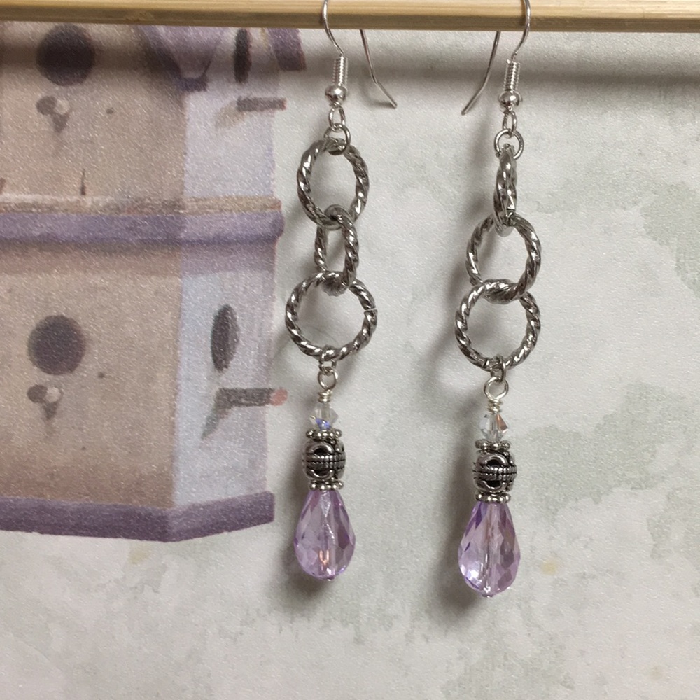 Long pastel lavender & silver rope hoops earrings - Picture 4 of 6